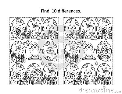 Easter chick and painted eggs find the differences picture puzzle and coloring page Vector Illustration